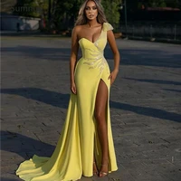 sumnus elegant yellow stretch satin prom dresses with detachable overskirt one shoulder applique side slit long evening gowns