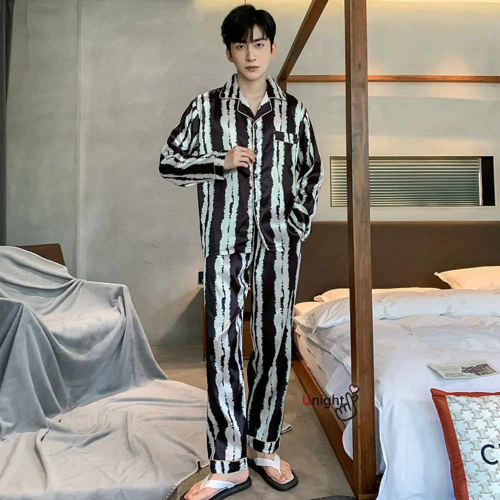 Men Silk Satin Pajamas Sets Long Sleeve Pyjamas Suit Sleepwear Pijama Men Loungewear Plus Size Set L-5XL Sleepwear Set Nightwear