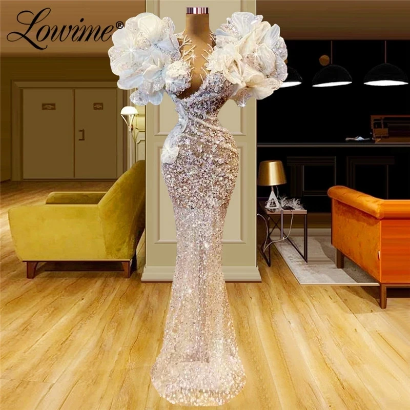 

Long Mermaid Flower Evening Dresses Couture Plus Size Illusion Beads Wedding Party Dress Celebrity Prom Dresses