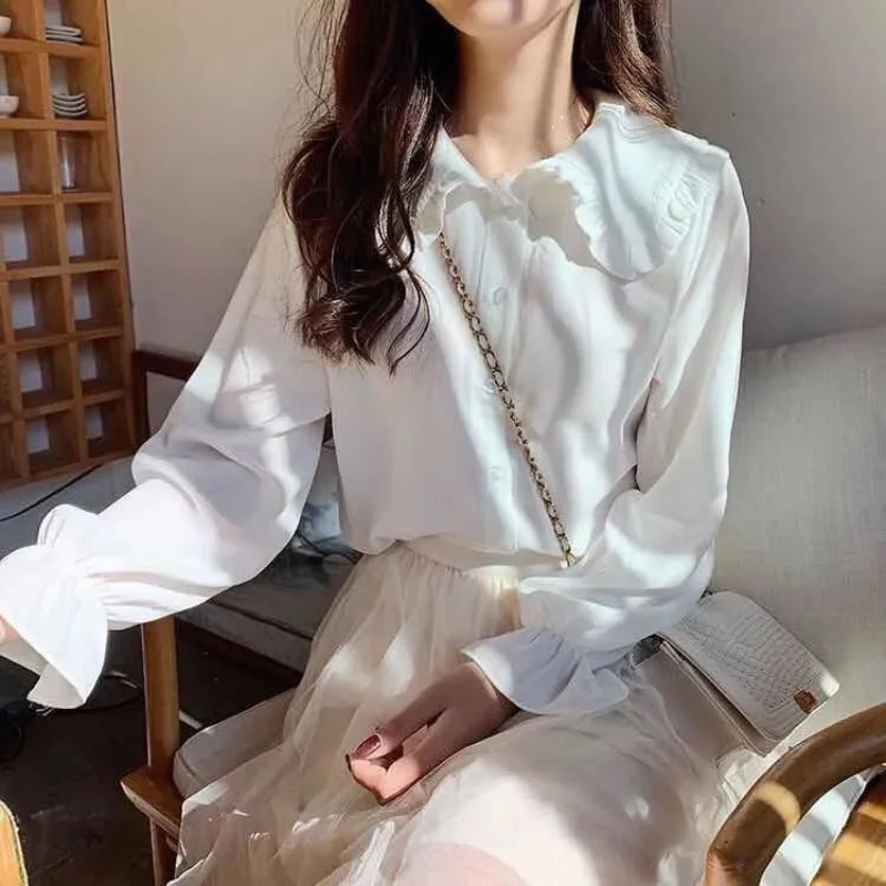 

HOUZHOU White Women Shirt Long Sleeve Kawaii Peter Pan Collar Lolita Style Ladies Blouse Elegant Vintage Fashion Sweet Tops