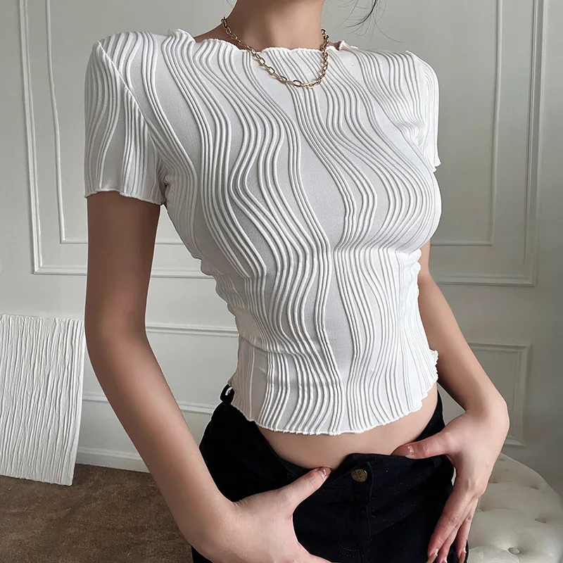 

Women Ruched Textured Crew Neck T-Shirts Summer Casual Solid Color Slim Fit Short Sleeve Skinny Crop Top Going Out Streetwear