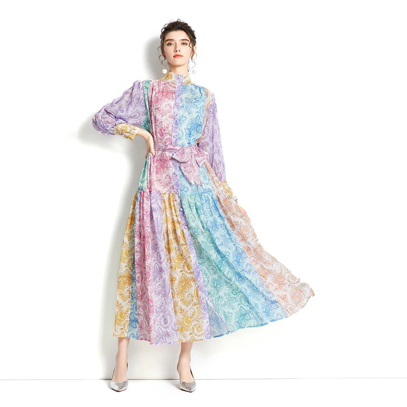 

Lantern Sleeve Autumn Long Dress Stand Collar Wavy Print Office Lady Sashes Fashion Single-breasted Long Sleeve Chiffon Dresses