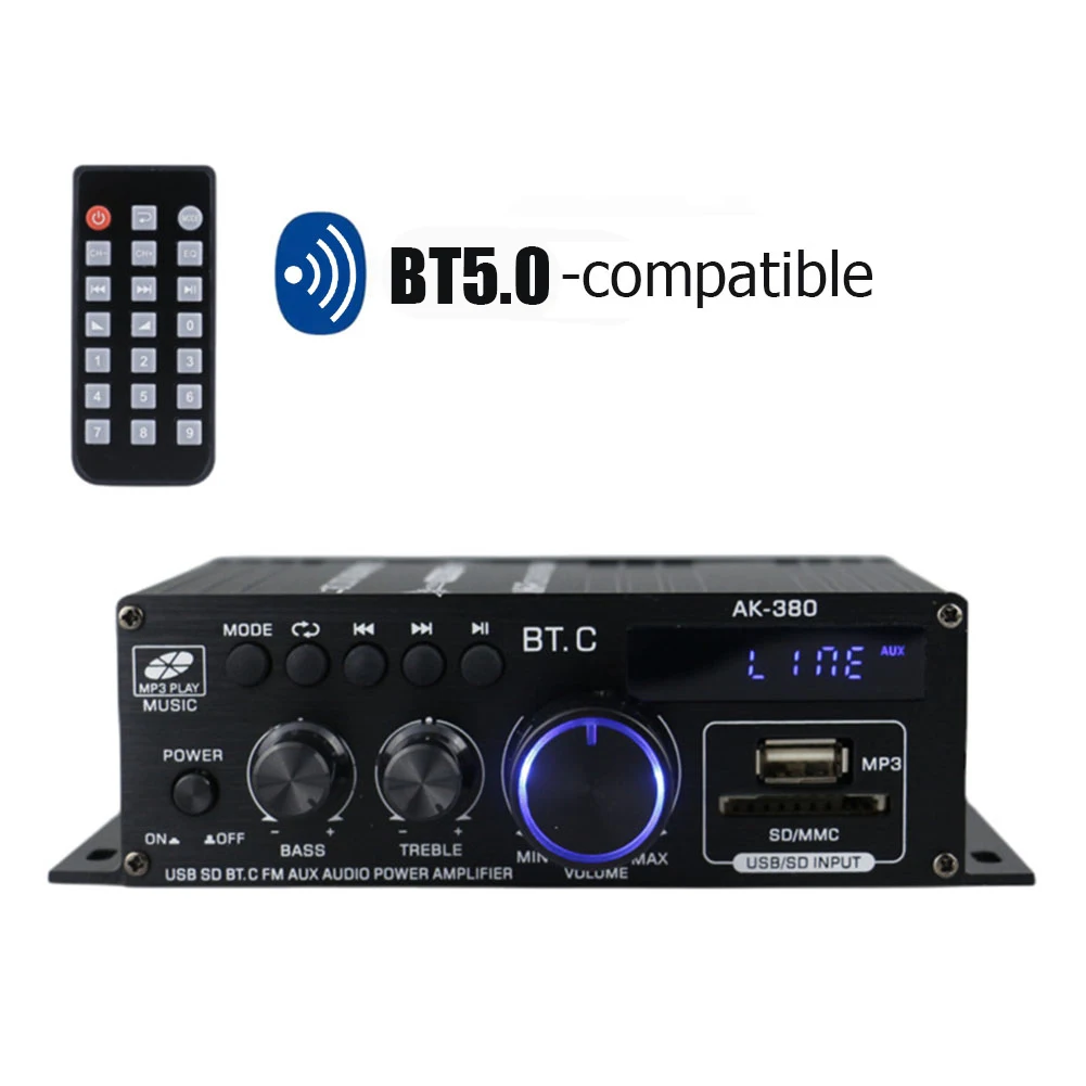 AK-380 USB SD BT.C FM AUX Усилитель мощности звука 2 0-канальный стерео усилитель динамика с