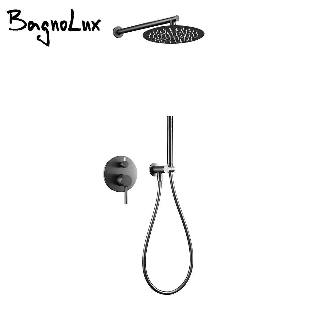 

Gun Gray Bath Shower Set Brass Head Rianfall Luxury Combo Wall-Mount Arm Hot And Cold Mixer Diverter Bathroom Faucet