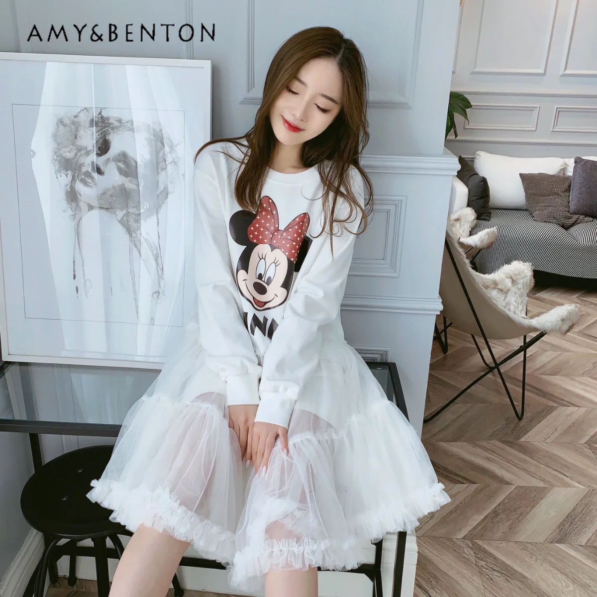 Autumn Winter Dress Heavy Industry Cartoon Stitching Large Dress Mesh Loose-Fitting Casual Pullover Dress Long Dress For Women