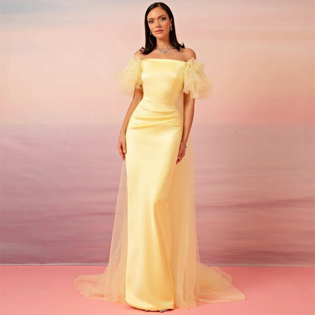 

Elegant Long Yellow Satin Evening Desses Sheath Beaded Floor Length Pleated Tulle Muslim Prom Dresses for Women