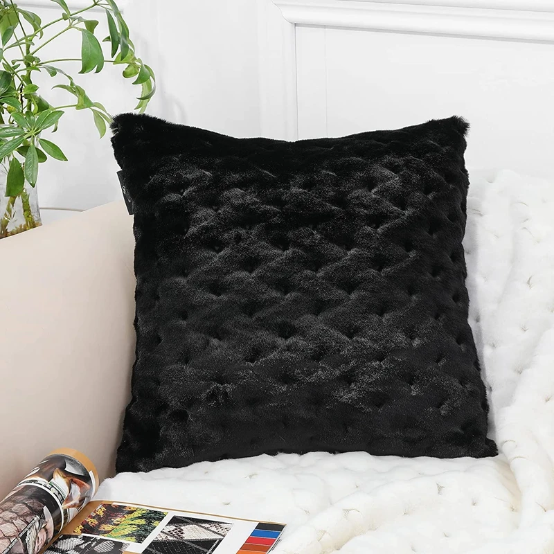 

Faux Fur Mink Fox Decorative Pillows For Sofa Cushion Covers 45*45cm Back Cushion Black And Black Color Openwork Design Style