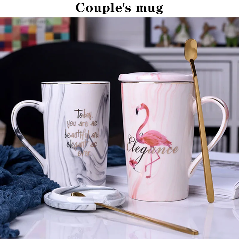 

450 мл кружка с мраморным рисунком, кружки для кофе с фламинго, Женская кружка с крышкой и ложкой, Подарочная коробка для фотографий на день ро...