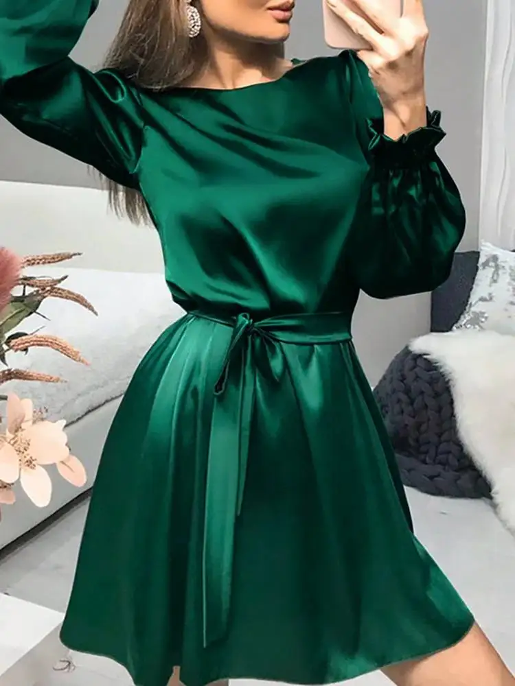 

Oversized ZANZEA Women Satin Dress 2022 Summer Belted Mini Vestidos Casual Solid Bandage Puff Sleeve Sundress Lady O-neck Robe 1