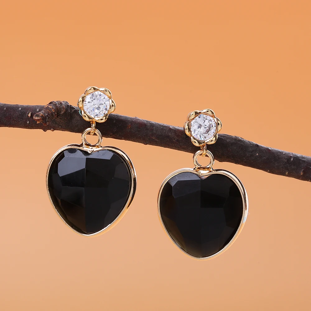 Женские серьги из обсидиана с натуральным камнем и цирконом