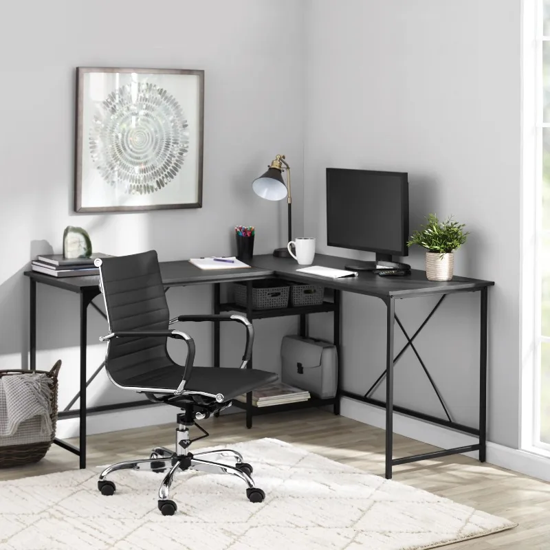 

Two-Way Convertible Desk with Lower Storage Shelf, Charcoal Finish and Black Metal Frame