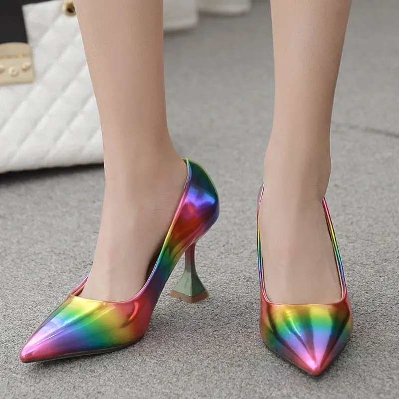 

2022 Fashion Rainbow High Pointed Wine Cup Heel Women's Shoes Show Sexy Shallow Mouth