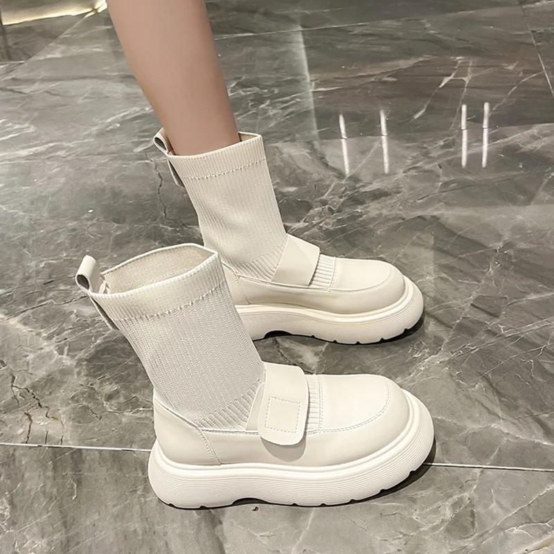 

Сапоги женские на среднем каблуке, брендовая обувь, сабо на платформе, круглый носок, Модные осенние чулки, плоская подошва, Лолита