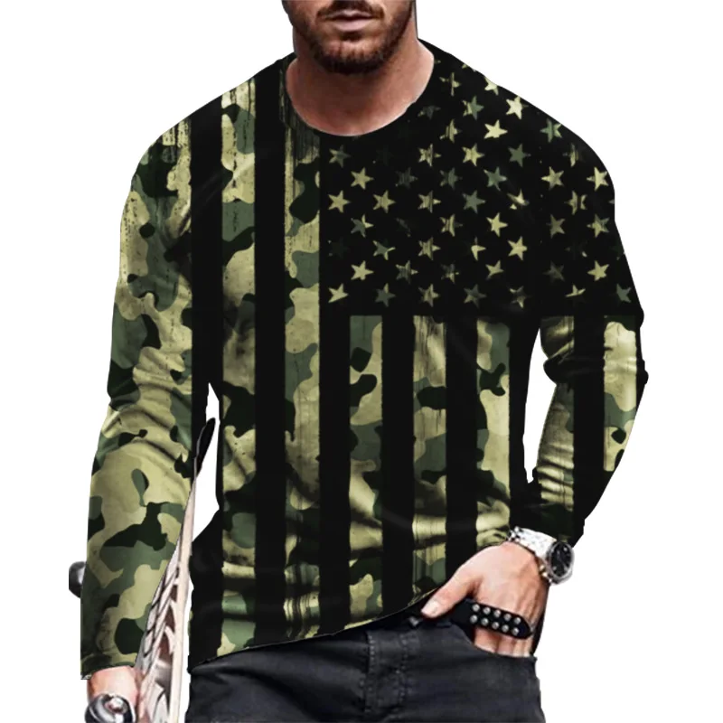 

American Flag printing Mens Oversized Long-Sleeve Cotton T-Shirt Mens Simple Fashion O Neck Style Casual Slim Breathable Tops