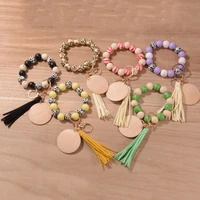 new hand design leopard mixed wood beads lvoe letter wristband bracelet keychain leather tassel keyring for girl jewelry gift