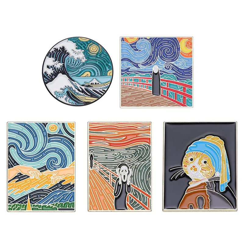 

Famous Oil Painting Enamel Pins Scream Starry Night No Face Man Cat Art Work Brooch Lapel Badges Jewelry Gift for Friends