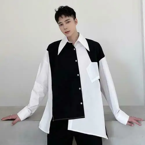 

Men's Fashion Design Long Sleeve Color Matching Loose Shirt Youth Party Tops E17
