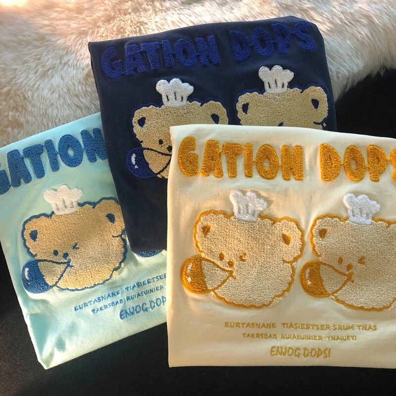 

Винтажная брендовая футболка с вышивкой с изображением медведя из пузырьков, кавайная одежда для подростков, хлопковая Базовая летняя одеж...