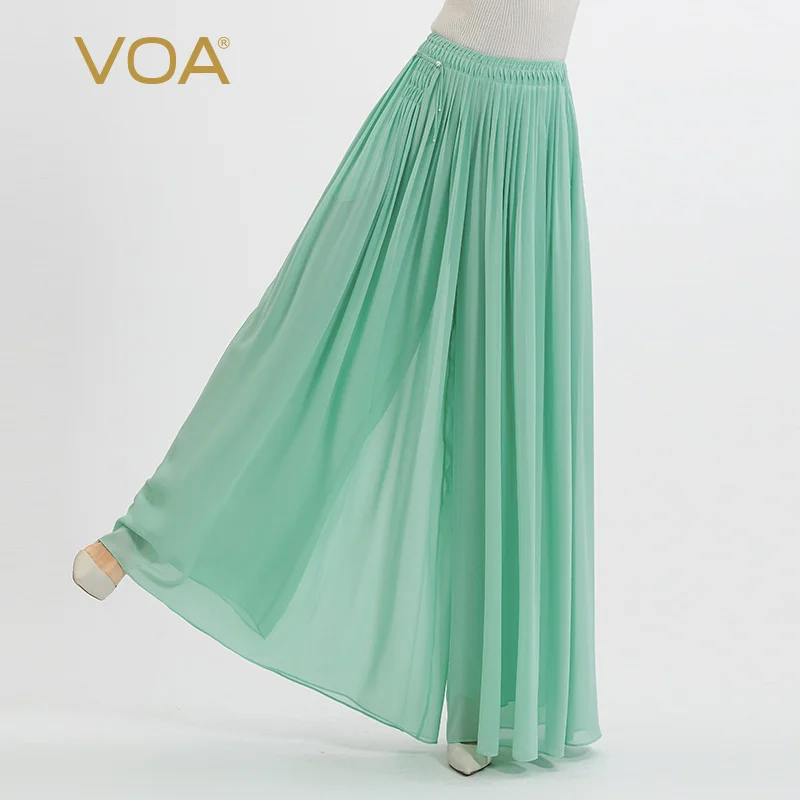 

VOA жоржет тутового шелка Зеленый Натуральный Пояс Плиссированные свежие удобные дышащие двухслойные шелковые брюки с широкими штанинами ...