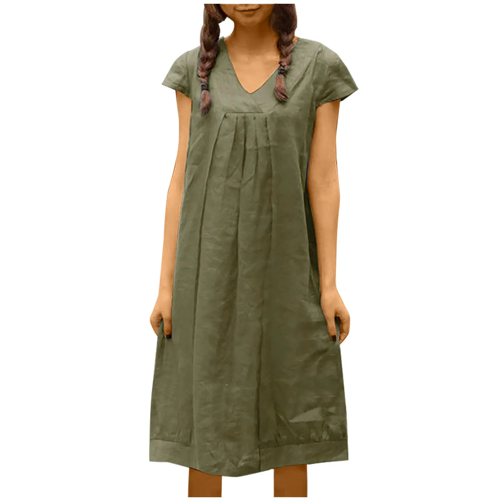 

Женское хлопковое льняное платье-трапеция с рукавами, летнее повседневное свободное однотонное милое платье-рубашка средней длины с V-образным вырезом, элегантное праздничное платье