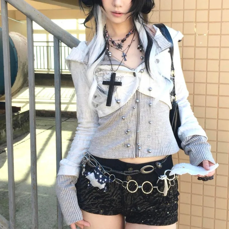 Deeptown Y2k Harajuku готический женский вязаный кардиган с капюшоном на молнии в стиле