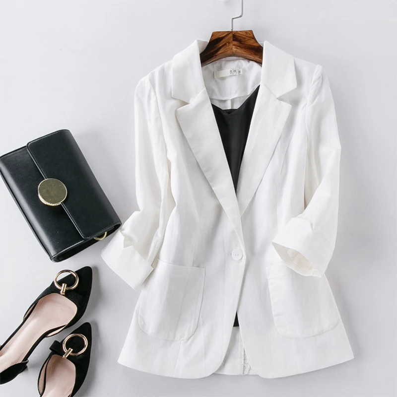 Cotton Linen Blazer Jacket Women Summer Outwear High Quality Solid Single Button Notched Blazer Blazer Three Quarter Sleeve Top