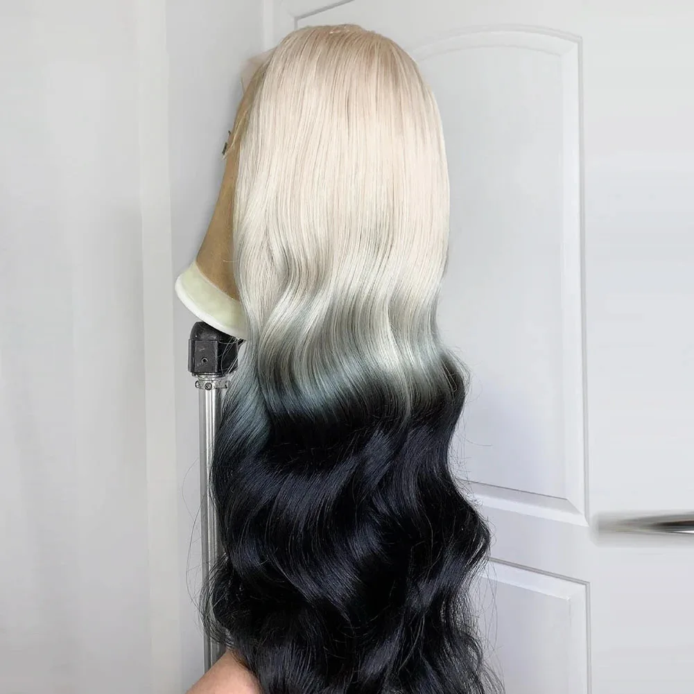 

Wavy 60 Platinum Blonde to Black Ombre Colored Synthetic Lace Front Wig Pre Plucked Natural Hairline Lace Frontal Wigs for Women