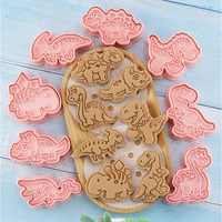 8 pcsset plastic cookie cutters 3d dinosaur shaped cartoon pressable biscuit mold cookie stamp kitchen baking pastry bakeware