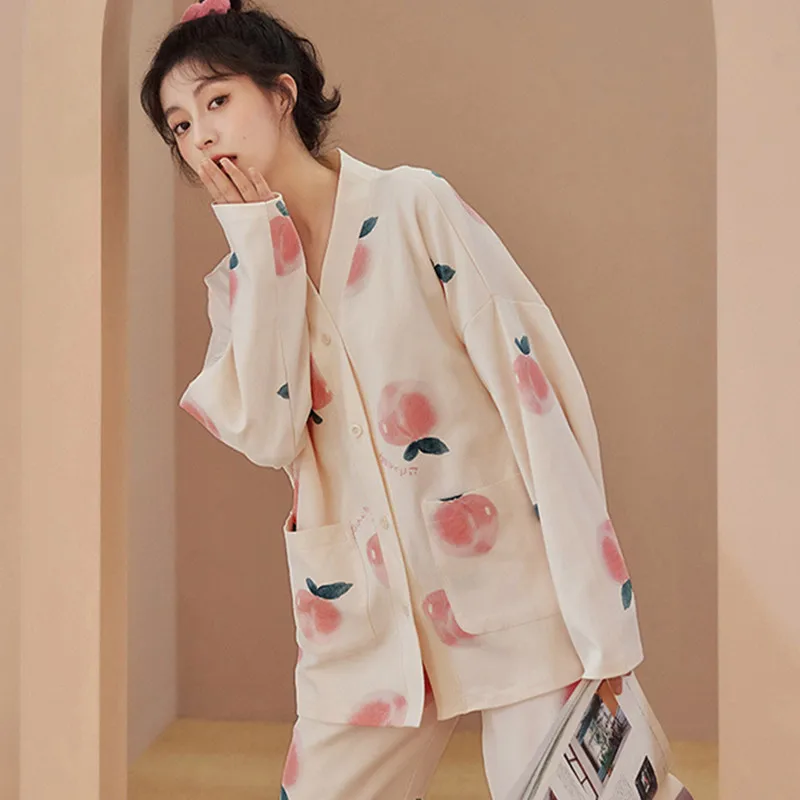 Yasuk Spring Autumn Fashion Women's Casual Lovely Print Cotton Pocket Sleepwear Homewear Cute Pajamas Set With Pants Peach Sweet