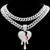 hip hop broken heart crystal pendant cuban necklace for women men bling iced out zircon tennis chain necklace statement jewelry
