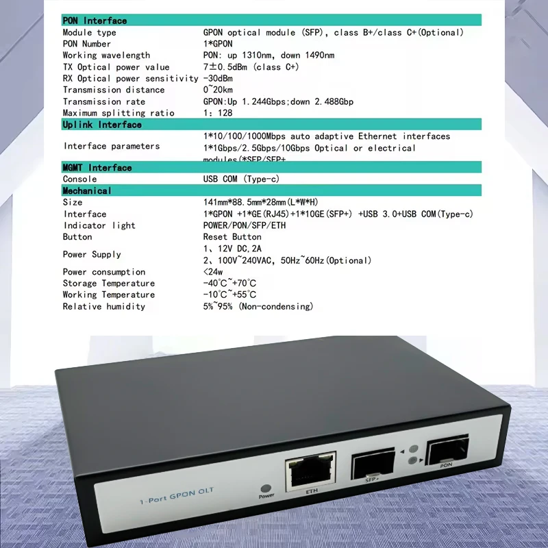 Фото Ручной мини-Gpon OLT 1 порт 1:128 onus с гигабитным оптоволоконным модулем 9 дБ-13 дБ SFP GBIC C+ 12 В постоянного тока 2 А Мощность 1 pon OLT GPON №2