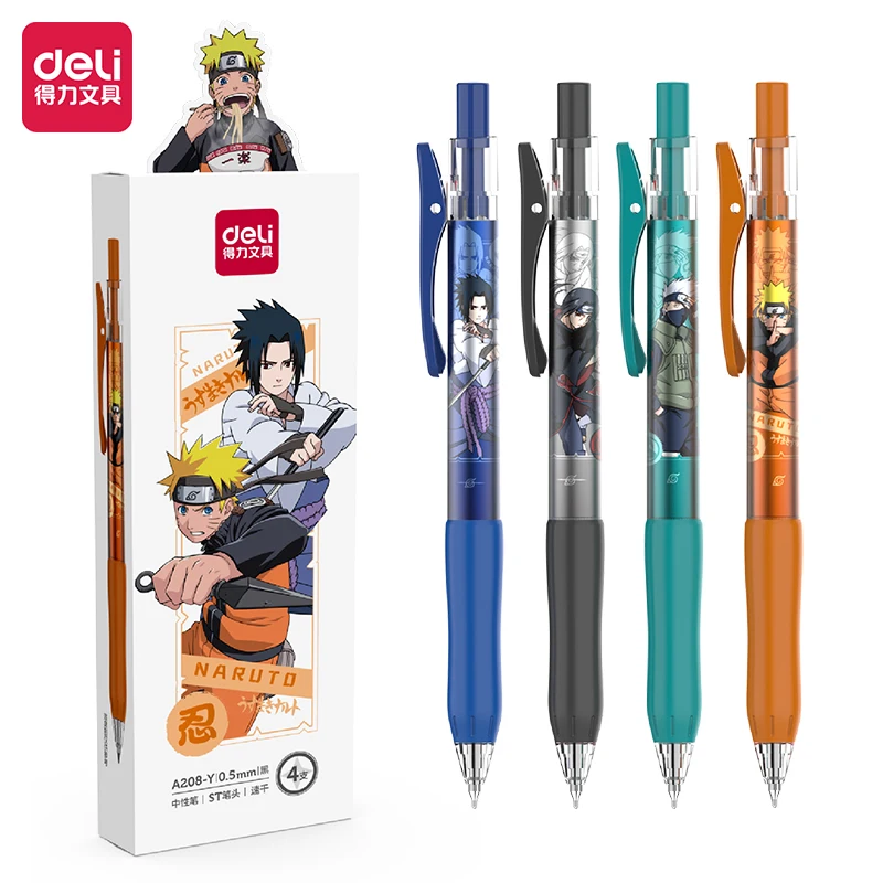 

4Pcs/Set Deli A208-Y Naruto Press Quick Dry Student Neutral Pen 0.5mm ST Head Black Ink Supplies School Office Stationery