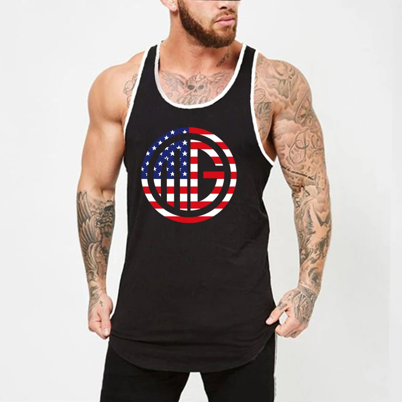 Summer New Arrival Fashion Casual Tank Top Printed O-neck Workout Vest Muscleguys Slim Fit Plus Size Singlets Black and White