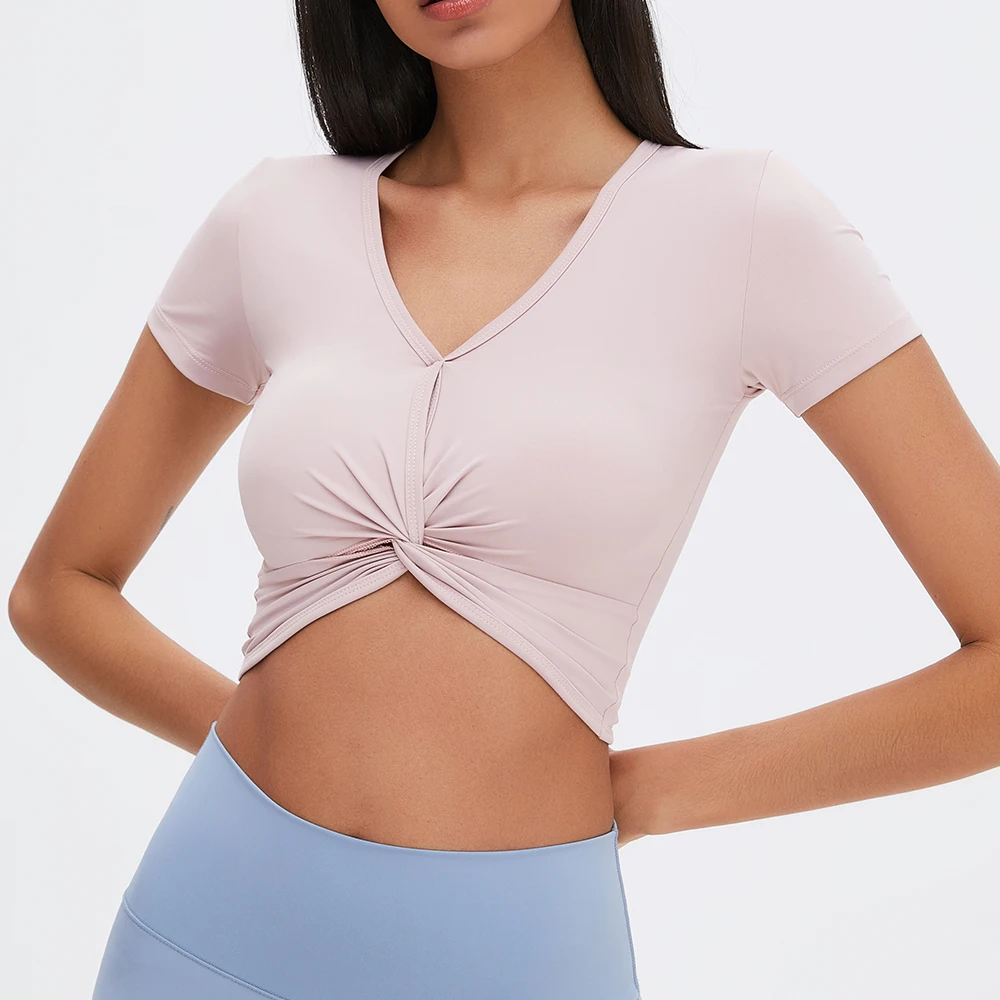 

Sexy Deep V-Neck Yoga T-Shirt Women Naked Feel Fabric Summer Sports Fitness Crop Top Slim-Fitting Short Sleeve Shirt Gym Clothes