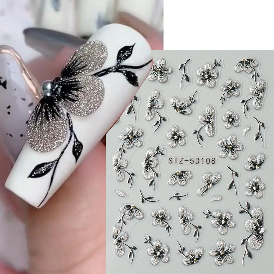 5D черные блестящие наклейки для ногтей акварель цветение маникюр весенние
