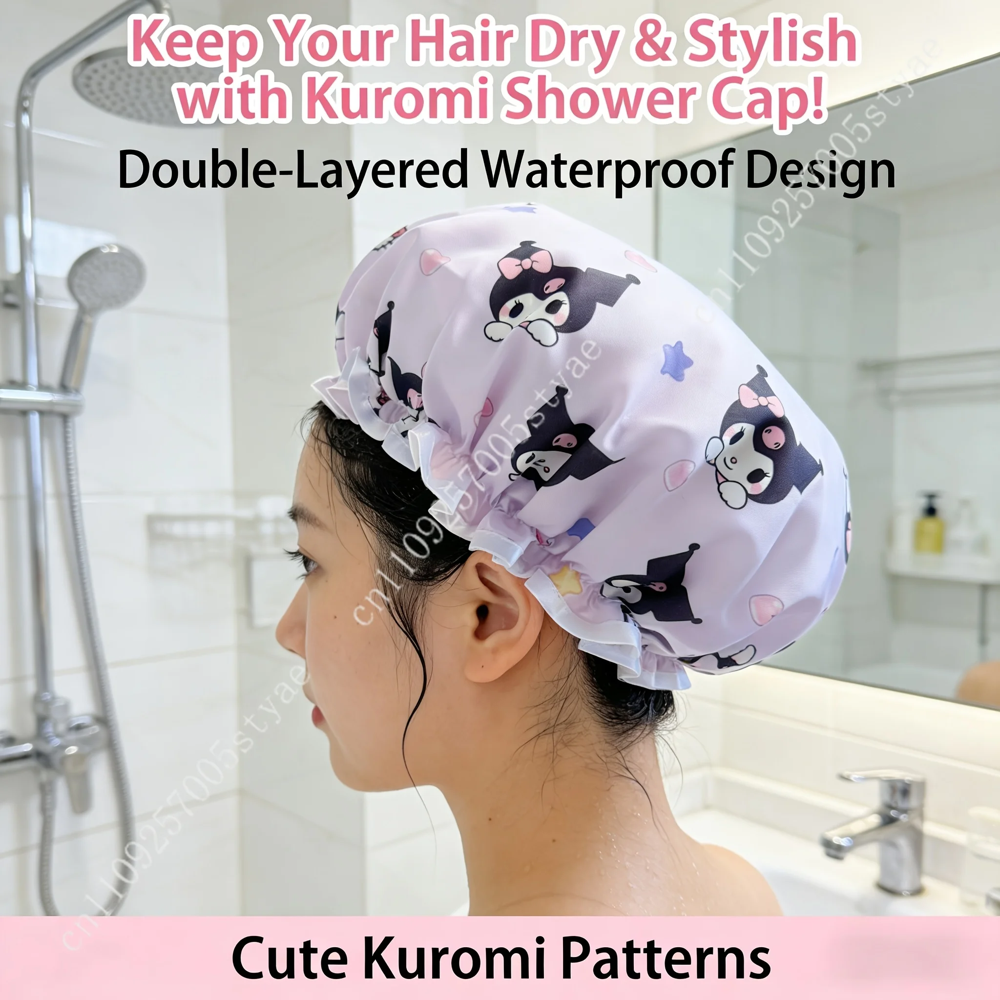 Фото Шапочка для душа Sanrio Kuromi, высококачественная, утолщенная, двухслойная, с мультяшным рисунком в виде сердечек и звезд, для женщин, для домашнего использования №3