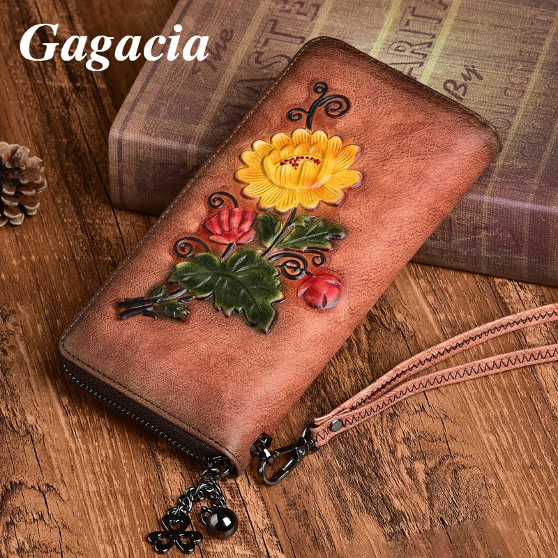 GAGACIA Cow Leather Luxury Wallets For Women Flower Purse Card Holder Clutch New Handmade Embossing Ladies Wallet Phone Bag 2022
