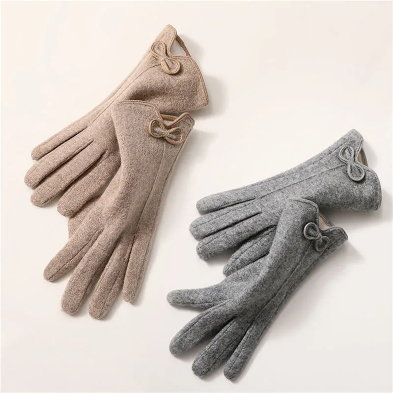 

Женские зимние кашемировые теплые перчатки для сенсорных экранов уличные для верховой езды бархатные плотные шерстяные варежки с бантом на весь палец для вождения