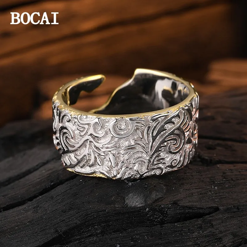 

BOCAI New S925 Sterling Silver Irregular Tang Grass Texture Gold and Silver Contrast Open Ring Female