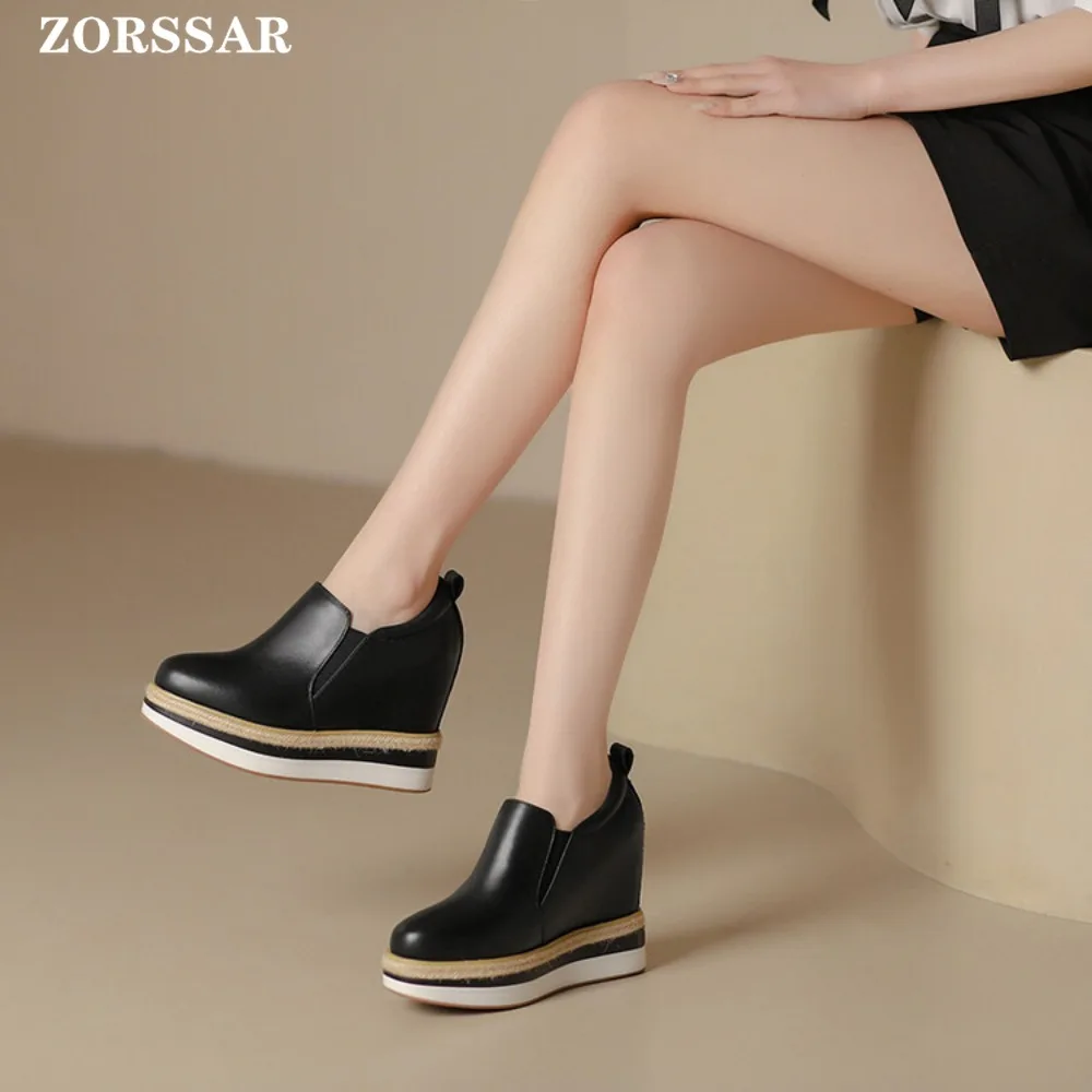 Женские кроссовки на танкетке из натуральной кожи 12 см повседневные дышащие