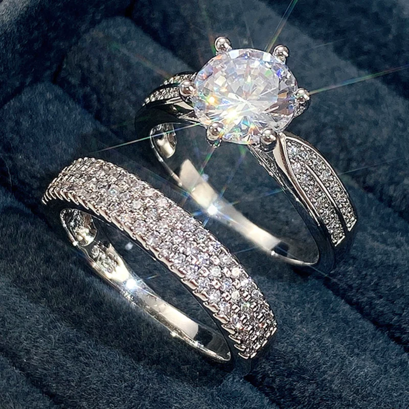 

New Fashion 2Pcs/Set Wedding Rings for Women Luxury Dazzling Round Cubic Zirconia Crystal Ring Trendy Bridal Engagement Jewelry