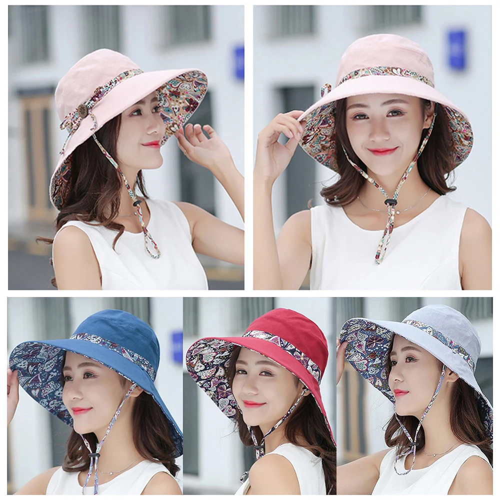 

Women Ladies Summer Wide Brim Foldable Sun Hat Anti-Uv Beach Visor Caps Hats Visor Caps Beach Hat Wide Brim Floral Reversible