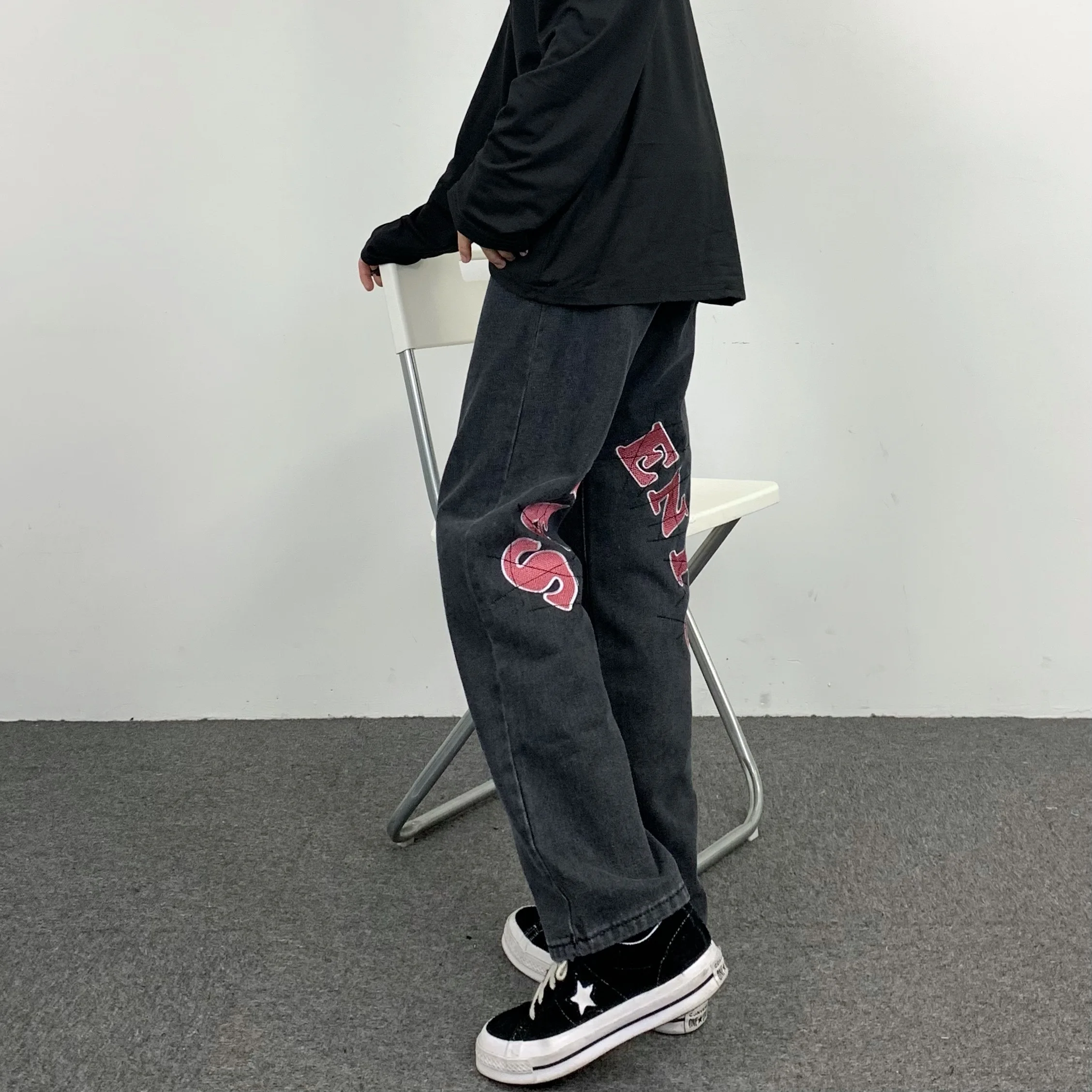 YIHANKE  High Street Letter Printed Jeans Men's Summer Thin Hiphop Fried Street Vibe Straight Tube Loose Pants Streetwear Hiphop