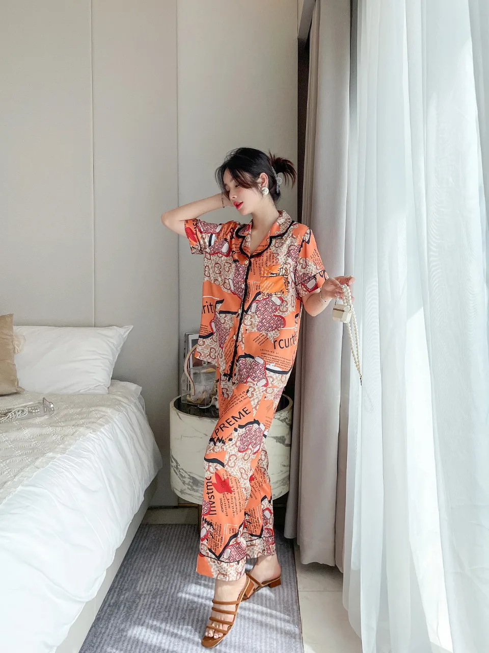 [Women's pajamas] [high-quality]Pajamas Women's Summer Ear Edge Short Sleeve Long Pants Printed Cardigan Ice Silk Set Home Fur