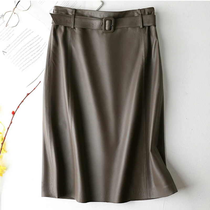 

Women Clothing 2023 Spring Winter New Straight Skirt Female Genuine Leather Belt Back Slit Midi Jupe OL Elegant Black Grey Saias