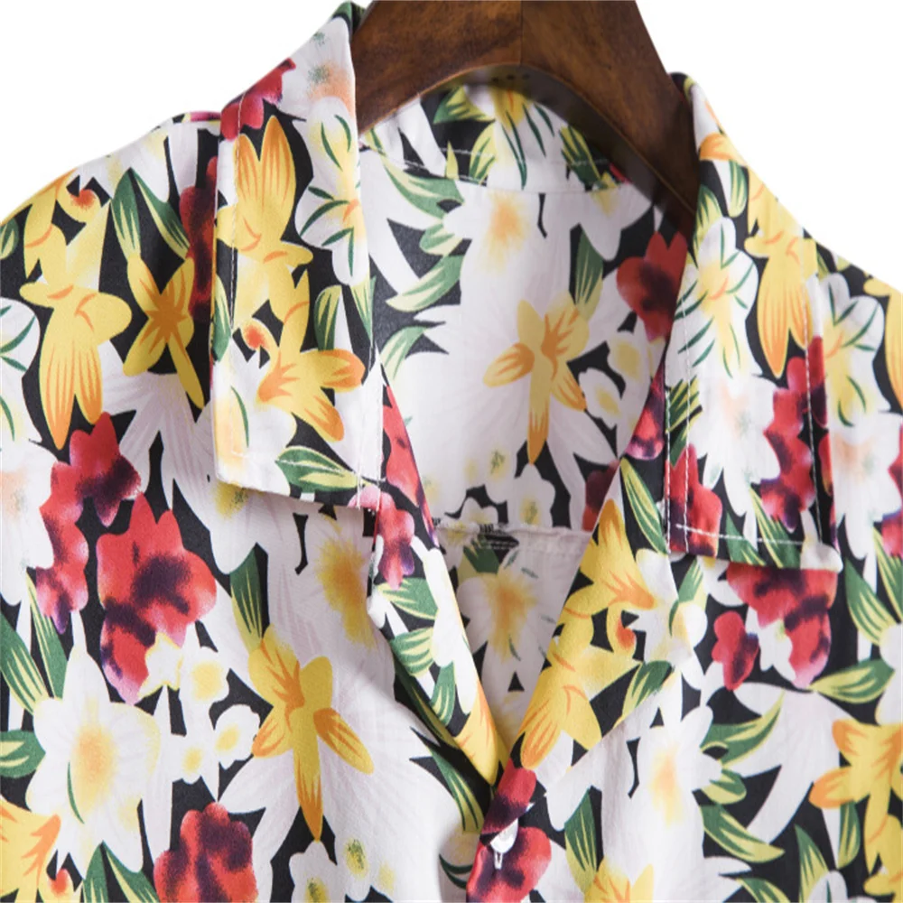 Summer Men Hawaiian Shirt Floral Print Loose Short Sleeve Tee Tops Turn-down Collar Buttons Casual Beach Blouse Streetwear