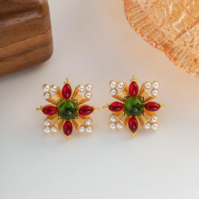 

Minar Ethnic Red Green Color Resin Flower Drop Earrings for Women 18K Real Gold Plating Brass Simulated Pearl Earring Jewellery
