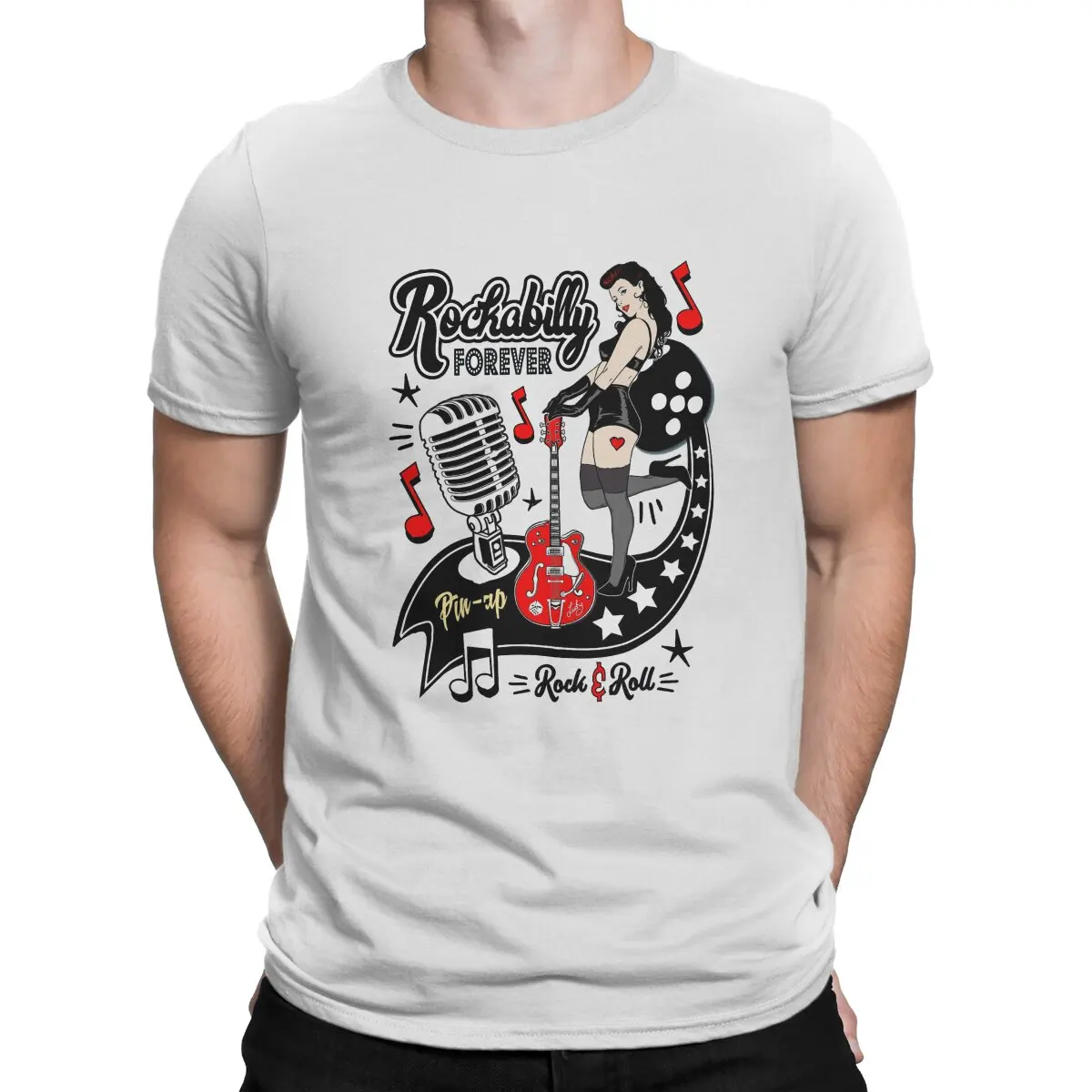 

Rockabilly Style Pin Up Girl Guitar Dice Vintage Classic Rock And Roll Music T Shirt Goth Men's Summer Clothing O-Neck TShirt