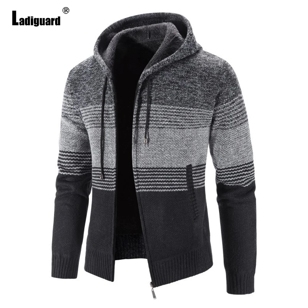 Ladiguard Men Knitted Sweaters Winter Velvet Coats Mens Cardigans 2022 Fashion Hooded Tops Outerwear Male Patchwork Sweaters
