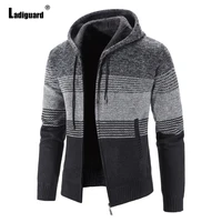 ladiguard men knitted sweaters winter velvet coats mens cardigans 2022 fashion hooded tops outerwear male patchwork sweaters
